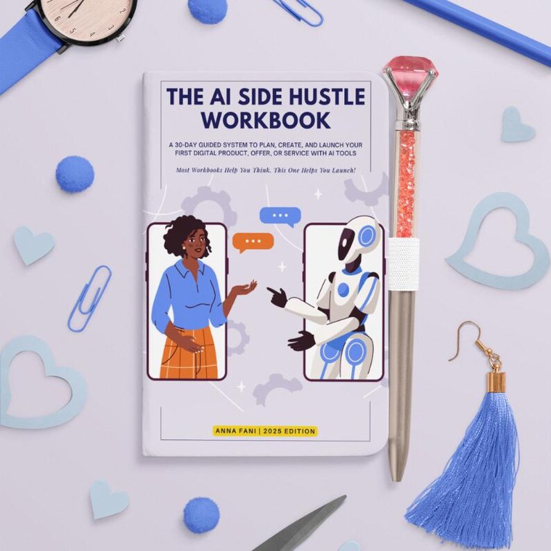 Puede incluir: Un cuaderno de trabajo titulado "The AI Side Hustle Workbook" con un sistema guiado de 30 d&iacute;as para planificar, crear y lanzar un producto digital. La portada presenta ilustraciones de una mujer y un robot. Tambi&eacute;n hay un bol&iacute;grafo con punta de diamante y un pendiente de borla azul.