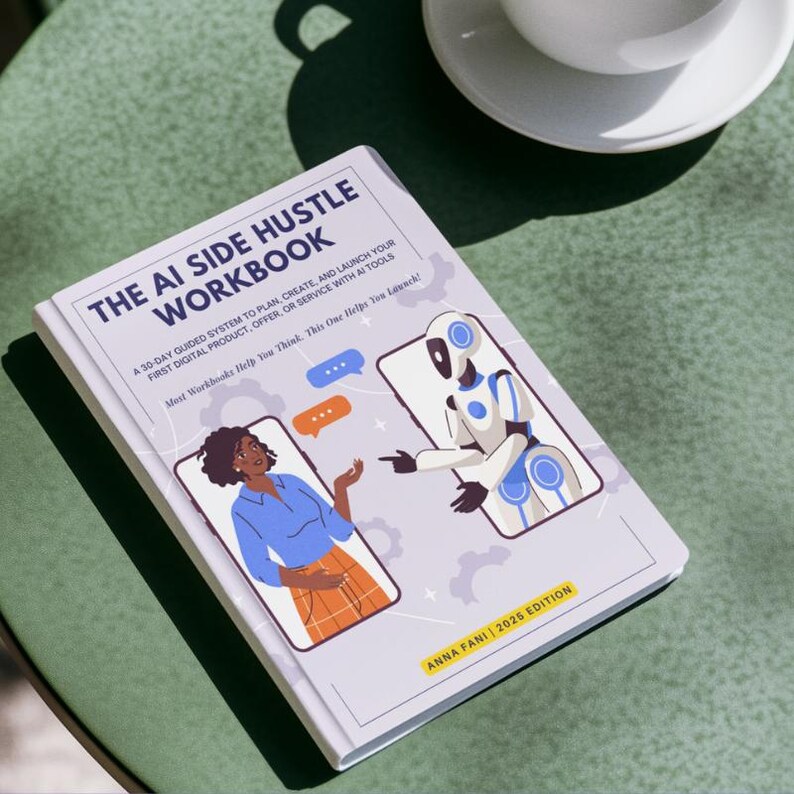 Puede incluir: Un cuaderno de trabajo titulado "The AI Side Hustle Workbook" con una cubierta blanca. La portada presenta ilustraciones de una persona y un robot interactuando a trav&eacute;s de tel&eacute;fonos inteligentes. El texto incluye "A 30-day guided system..." y "2025 Edition".