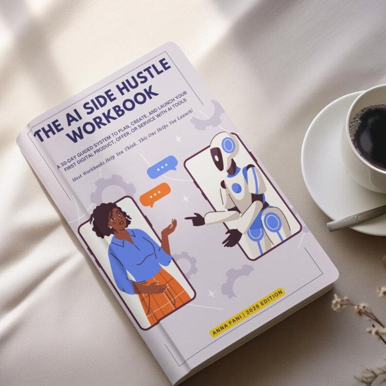 Puede incluir: Un libro de trabajo abierto titulado "The AI Side Hustle Workbook" con ilustraciones de una persona y un robot en la pantalla de un tel&eacute;fono inteligente. El texto del libro dice "A 30-day guided system to plan, create, and launch your first digital product..." Hay una taza de caf&eacute; al lado.