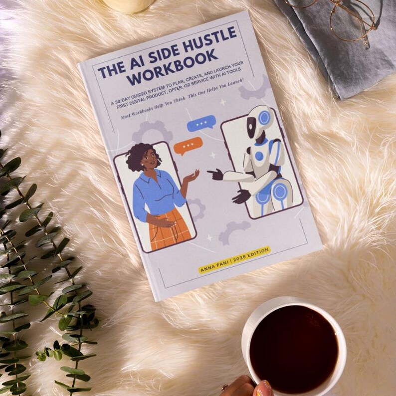 Puede incluir: Un libro titulado "THE AI SIDE HUSTLE WORKBOOK" con una ilustraci&oacute;n de una mujer y un robot en la portada. El libro est&aacute; abierto sobre una superficie blanca y esponjosa, con una taza de caf&eacute; y vegetaci&oacute;n en el encuadre. El texto dice "A 30-DAY GUIDED SYSTEM..."