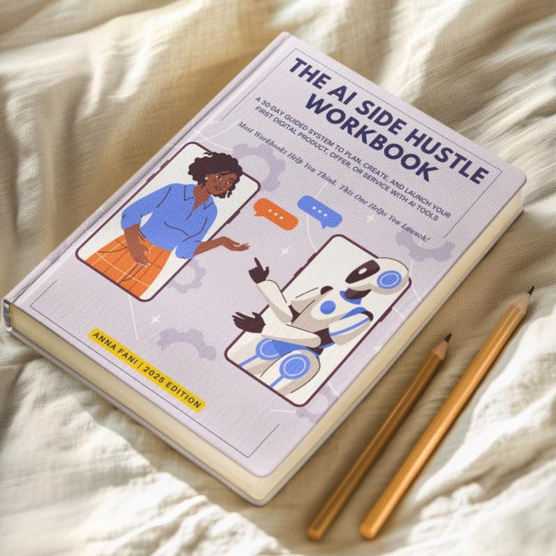 Puede incluir: Un libro de tapa dura titulado "The AI Side Hustle Workbook" con ilustraciones de una mujer y un robot. La portada es de color lila claro con texto e ilustraciones en azul, naranja y blanco. Dos l&aacute;pices descansan junto al libro sobre una superficie beige.