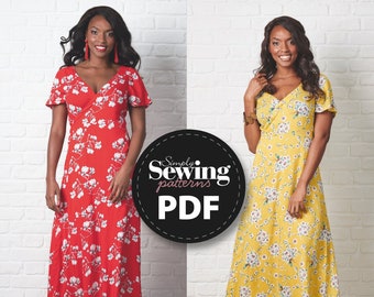 PDF Maxi Dress, Maria Dress, Simply Sewing Patterns, Summer Dress, Midi Dress, Tie Fastening, Wrap Dress, Flutter Sleeves, Beginner Dress