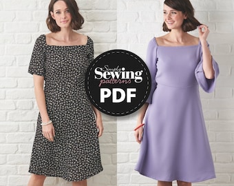 PDF Amelie Dress, Dress Sewing Pattern, Simply Sewing, Fitted Dress, Summer Dress Pattern, Beginners Sewing Pattern, Fluted Sleeve Dress