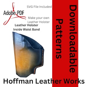 May include: A leather holster with a gradient of colors, transitioning from a dark blue at the top to a golden hue at the bottom. The image includes text that reads "Leather Holster Inside Waist Band" and "Hoffman Leather Works."
