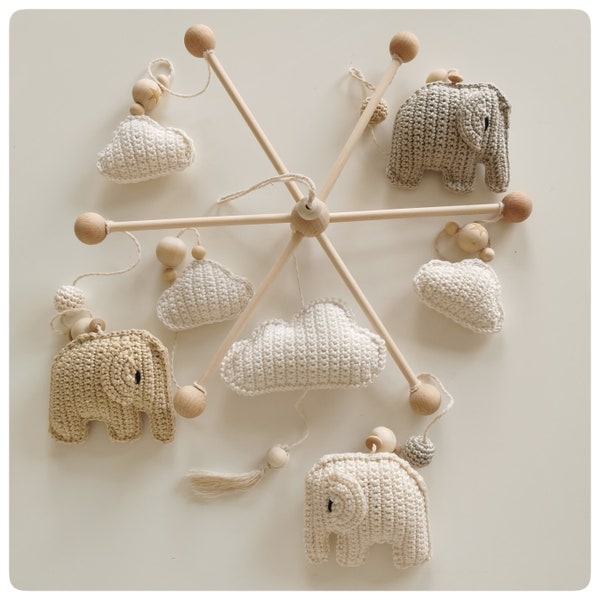 Baby mobile hanging mobile baby room mobile crocheted elephant clouds amigurumi