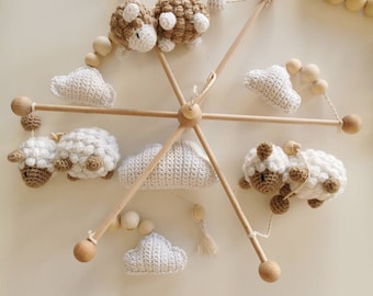 Baby mobile with crocheted sheep and clouds, amigurumi, baby, mobile, baby room mobile baby crocheted babyshower