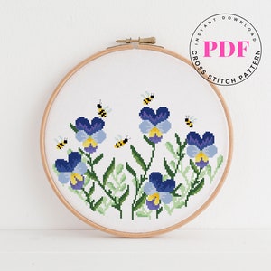 Violet Flower counted cross stitch pattern bee cross stitch chart easy cross stitch design nature botanical Digital Format - PDF