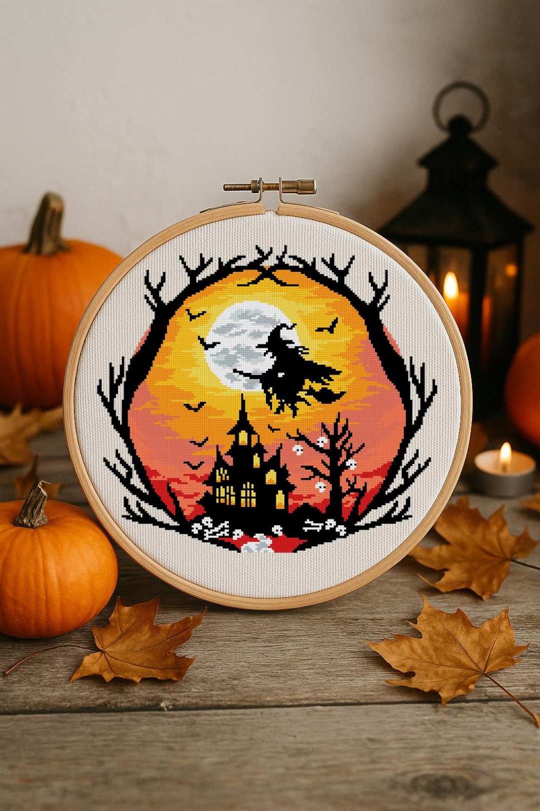 夜空を飛ぶ魔女の女の子・ハロウィン・クロスステッチ・ハンドメイド