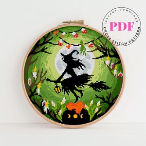 Heks kruissteekpatroon Halloween-kruissteekpatroon Eenvoudig borduren met kruissteekkaart Spookachtige kruissteek Digitaal formaat - pdf