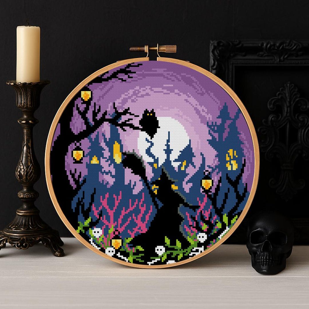 Halloween Cross Stitch Pattern PDF | Gothic Witch Silhouette Embroidery ...