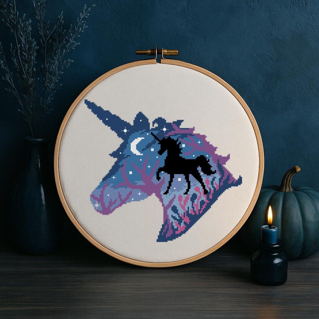 Celestial Unicorn Cross Stitch Pattern, Cosmic Starry Night Embroidery ...