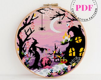 Candy Witch Cross Stitch Pattern Halloween cross stitch pattern Easy cross stitch chart embroidery Spooky cross stitch Digital Format - PDF