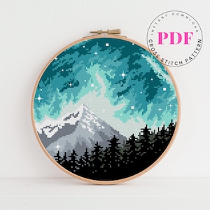 Aurora Borealis Cross Stitch Pattern PDF | Northern Lights Embroidery | Mountain Forest Night Sky Design | Instant Download