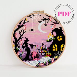 Cute Halloween Cross Stitch Pattern PDF | Pink Witchy Haunted House Embroidery | Spooky Pastel Goth Decor | Instant Download