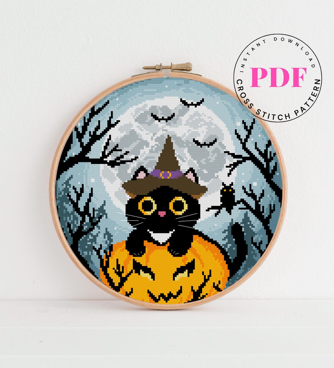 Halloween Black Cat Cross Stitch Pattern PDF - Witch Cat on Pumpkin ...