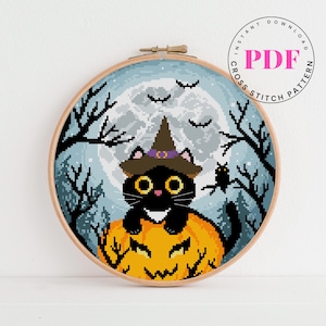 Halloween Black Cat Cross Stitch Pattern PDF - Witch Cat on Pumpkin Embroidery - Full Moon Spooky Hoop Art - Instant Download