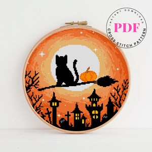 Kat halloween kruissteekpatroon landschap borduurwerk dier kruissteek grafiek pompoen, spookachtig, kat, heks Digitaal formaat - pdf