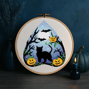 Halloween Cat Cross Stitch Pattern: Spooky Black Cat Embroidery (PDF Download)
