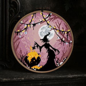 Witch Cross Stitch Pattern PDF, Halloween Embroidery, Spooky Forest Stitch Design, Full Moon Hoop Art, Easy Modern Needlework