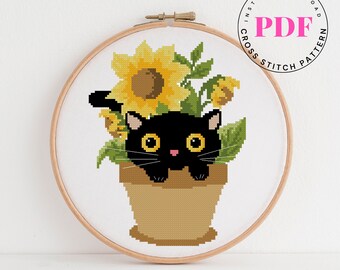 Cat cross stitch pattern plant cross stitch sunflower cross stitch chart easy cross stitch design Digital Format - PDF