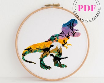 T- rex cross stitch pattern dinosaur cross stitch design easy cross stitch chart landscape cross stitch DIY Digital Format - PDF