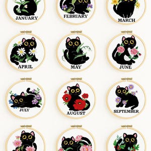 Black Cat Cross Stitch Pattern Set PDF – 12 Monthly Floral Cats, Birth Flower Calendar Embroidery Chart, Digital Download