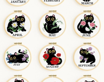 Black Cat Cross Stitch Pattern Set PDF – 12 Monthly Floral Cats, Birth Flower Calendar Embroidery Chart, Digital Download