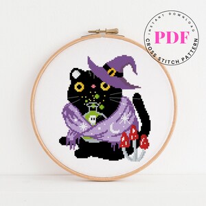 Halloween cat cross stitch pattern pumpkin cross stitch cute cat cross stitch spooky Digital Format - PDF