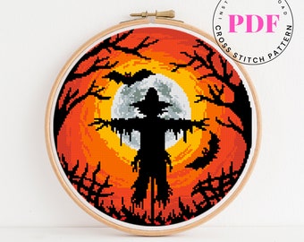 Spooky scarecrow halloween cross stitch pattern landscape cross stitch chart modern embroidery horror xstitch pattern Instant Download PDF