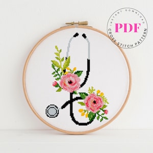 Stethoscoop geteld kruissteekpatroon bloemen kruissteekkaart Medisch kruissteekpatroon Nurse Life digitaal formaat - pdf
