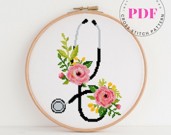 Stethoscope counted cross stitch pattern floral cross stitch chart Medical cross stitch pattern Nurse Life Digital Format - PDF