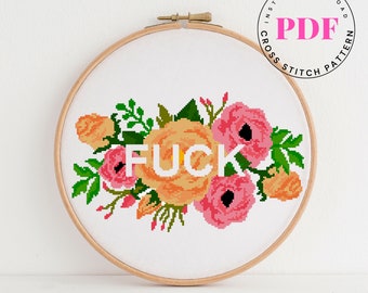 Fuck cross stitch pattern modern counted embroidery design flowers cross stitch chart Subversive cross stitch Digital Format - PDF