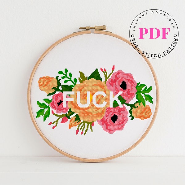 Fuck cross stitch pattern modern counted embroidery design flowers cross stitch chart Subversive cross stitch Digital Format - PDF