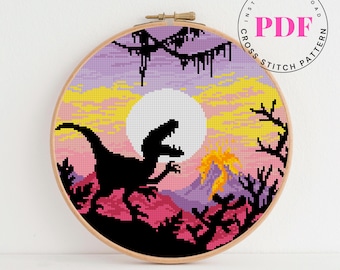 Dinosaur Cross Stitch Pattern PDF | Prehistoric Sunset Landscape Embroidery | Modern T-Rex Silhouette | Instant Download