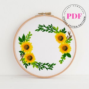 Sunflower wreath cross stitch pattern flowers cross stitch chart embroidery design DIY easy cross stitch pattern Digital Format - PDF