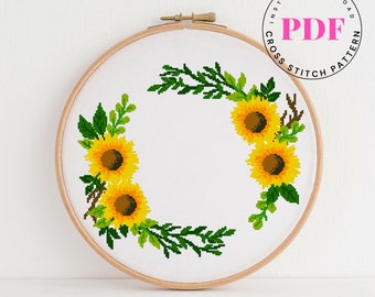 Sunflower wreath cross stitch pattern flowers cross stitch chart embroidery design DIY easy cross stitch pattern Digital Format - PDF