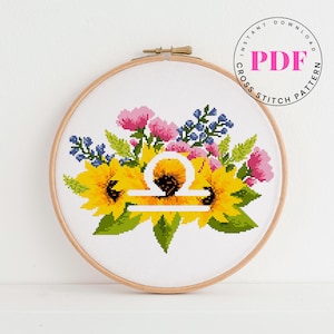 Patrón de punto de cruz del zodiaco Libra en PDF – Signo del horóscopo con girasoles florales – Bordado astrológico moderno – Descarga digital