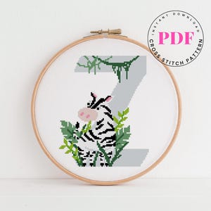 Letter Z cross stitch pattern baby alphabet baby nursery decor Zebra cross stitch pattern Digital Format - PDF