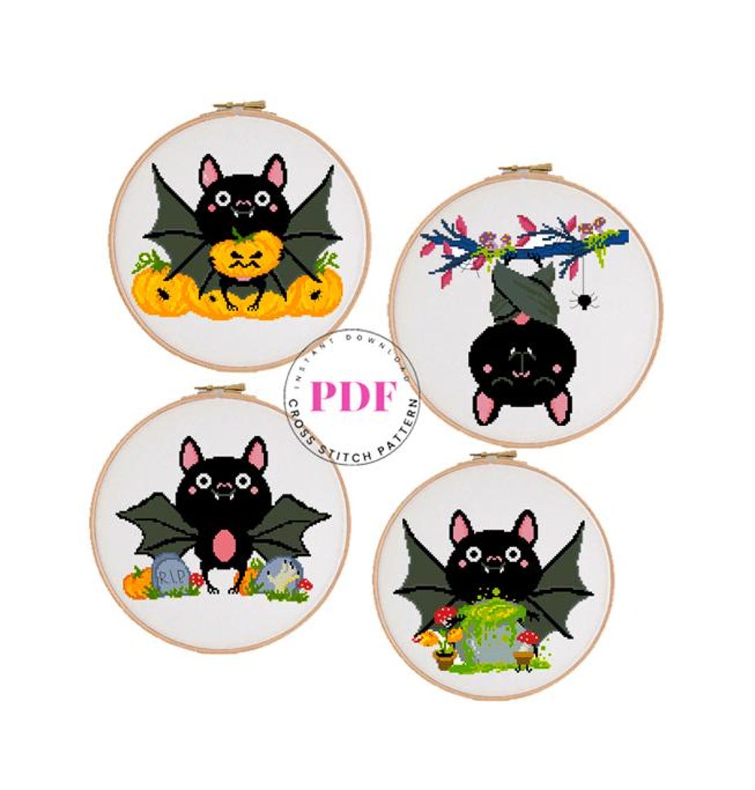 Cute Bat Cross Stitch Pattern Set PDF | Spooky Halloween Bats ...