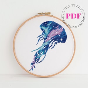 Galaxy Jellyfish Cross Stitch Pattern PDF, Modern Embroidery Design, Nautical Wall Art, Celestial Underwater Stitch Chart