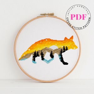 Fuchs Silhouette moderne Kreuzstichvorlage Tier Kreuzstichvorlage einfache Kreuzstichvorlage Natur Berge Wald Digital Format - PDF