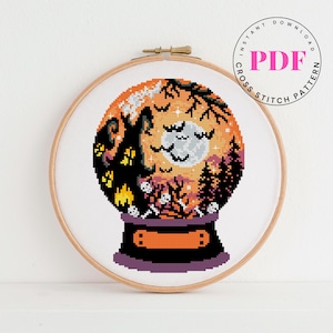 Halloween Crystal Ball Cross Stitch Pattern | Spooky Ghost Moon Pumpkin Embroidery PDF | Witchy Autumn Needlework Instant Download