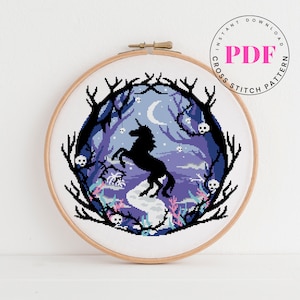Black unicorn in Dark wood counted cross stitch pattern Halloween cross stitch pattern Horror cross stitch Digital Format - PDF
