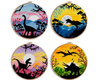 Dinosaur Cross Stitch Pattern Set | 4 Nature Landscapes | PDF Download |Prehistoric Embroidery Design | DIY Cross Stitch for Kids and Adults