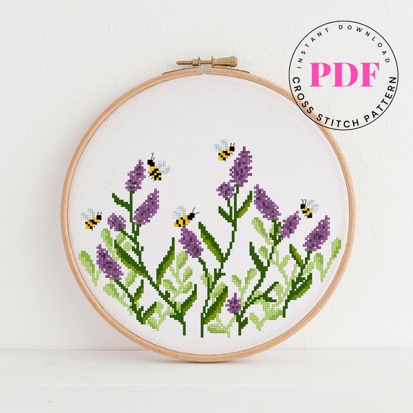 lavender Flower counted cross stitch pattern bee cross stitch chart easy cross stitch design nature botanical Digital Format - PDF