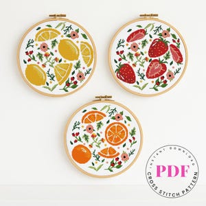Fruit Cross Stitch Pattern Set PDF | Strawberry Orange Lemon Embroidery | Modern Kitchen Decor | Floral DIY Hoop Art | Instant Download PDF