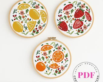 Fruit Cross Stitch Pattern Set PDF | Strawberry Orange Lemon Embroidery | Modern Kitchen Decor | Floral DIY Hoop Art | Instant Download PDF
