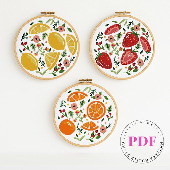 Fruit Cross Stitch Pattern Set PDF | Strawberry Orange Lemon Embroidery | Modern Kitchen Decor | Floral DIY Hoop Art | Instant Download PDF