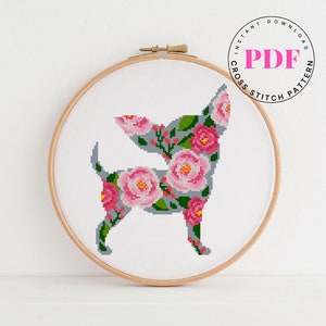 Chihuahua hond kruissteekpatroon Bloemen dieren kruissteekpatroon Eenvoudig kruissteekschema Kruissteekpatroon Digitaal formaat - PDF
