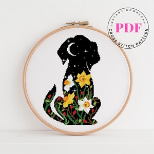 Hund Silhouette Kreuzstichmuster Blumen Kreuzstichmuster Narzisse Blume Kreuzstichmuster Digitales Format - PDF